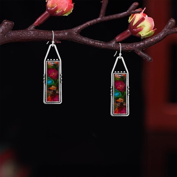 Red Handmade Bohemian Tribal Retro Colorful Square Bar Dangle Drop Earring - Picture 6 of 6